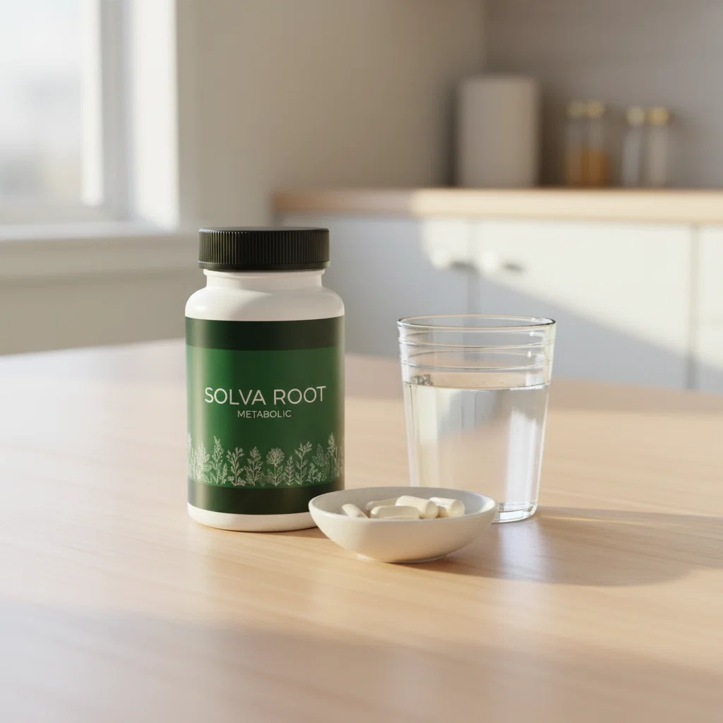 Solva Root Metabolic -pakkaus läheltä - matala lasi ja puinen kansi